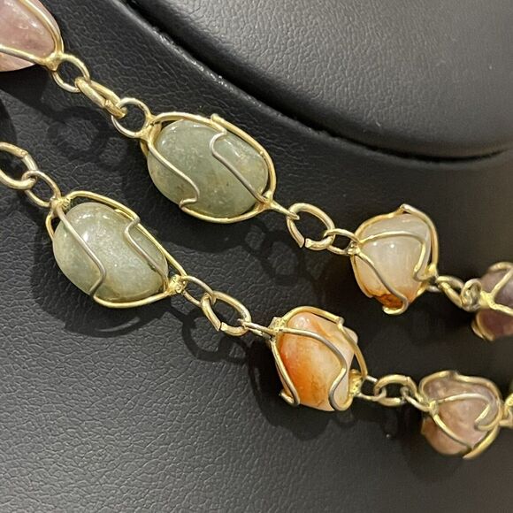 Vintage Artisan Wire Wrapped Semi Precious Stone Cage Necklace Handmade - Picture 8 of 9